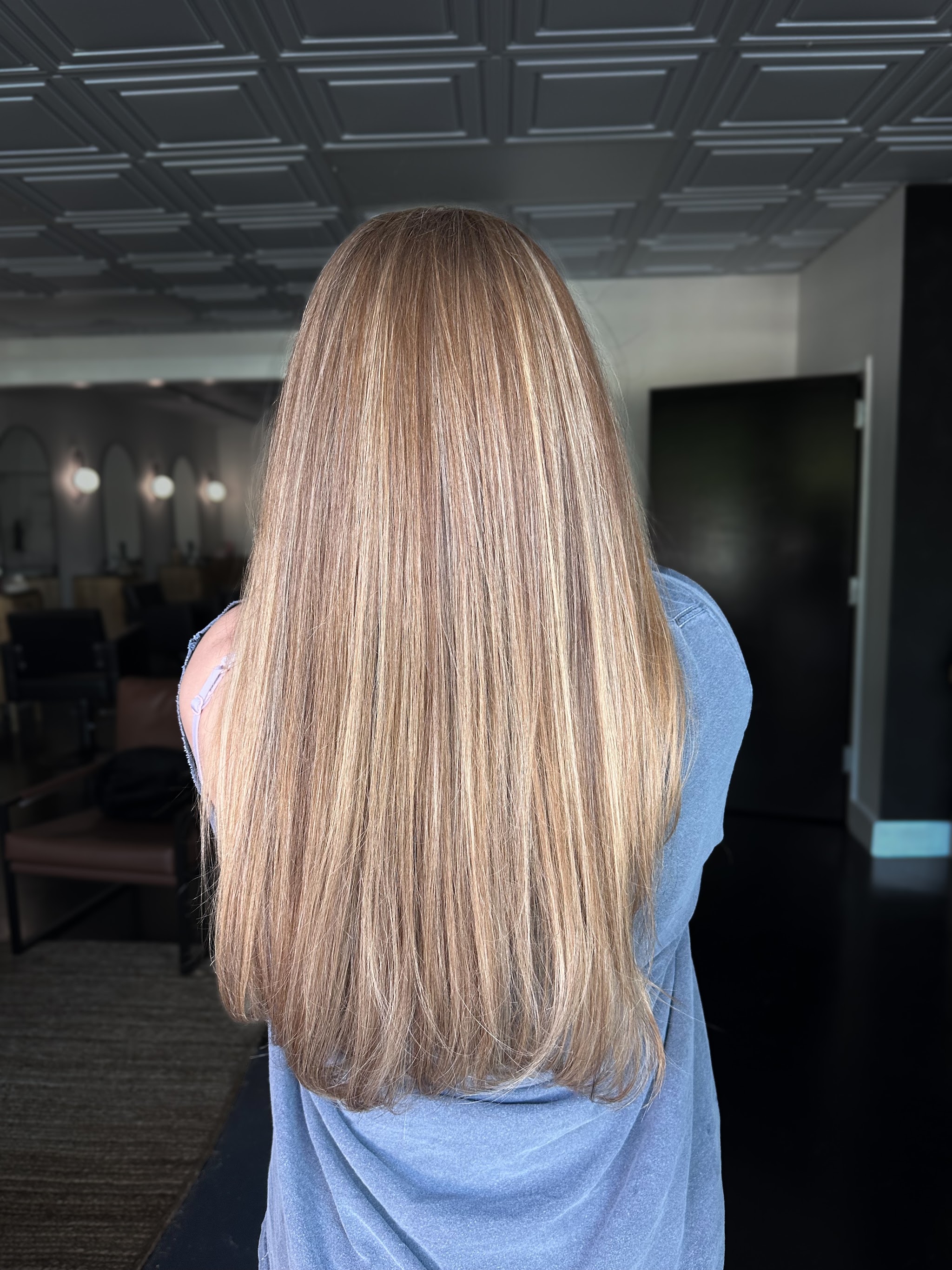 Long, softly highlighted blonde hair seen from behind